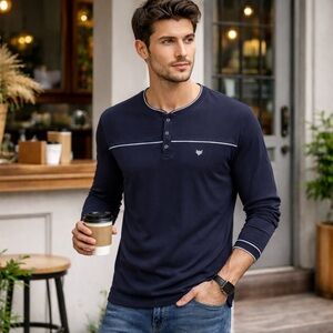 Artful Rebel Navy Henley Long Sleeve Shirt Mens L White Stripe Casual Modern Fit
